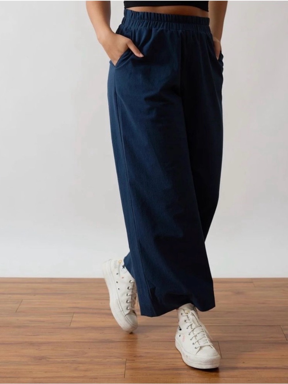 free label 100% linen high waisted wide leg flowy pants navy Large elastic - Picture 3 of 9